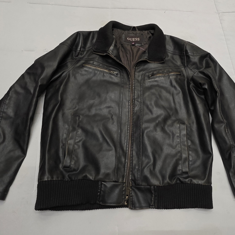 GUESS Men's Dark Leather Bomber Jacket
